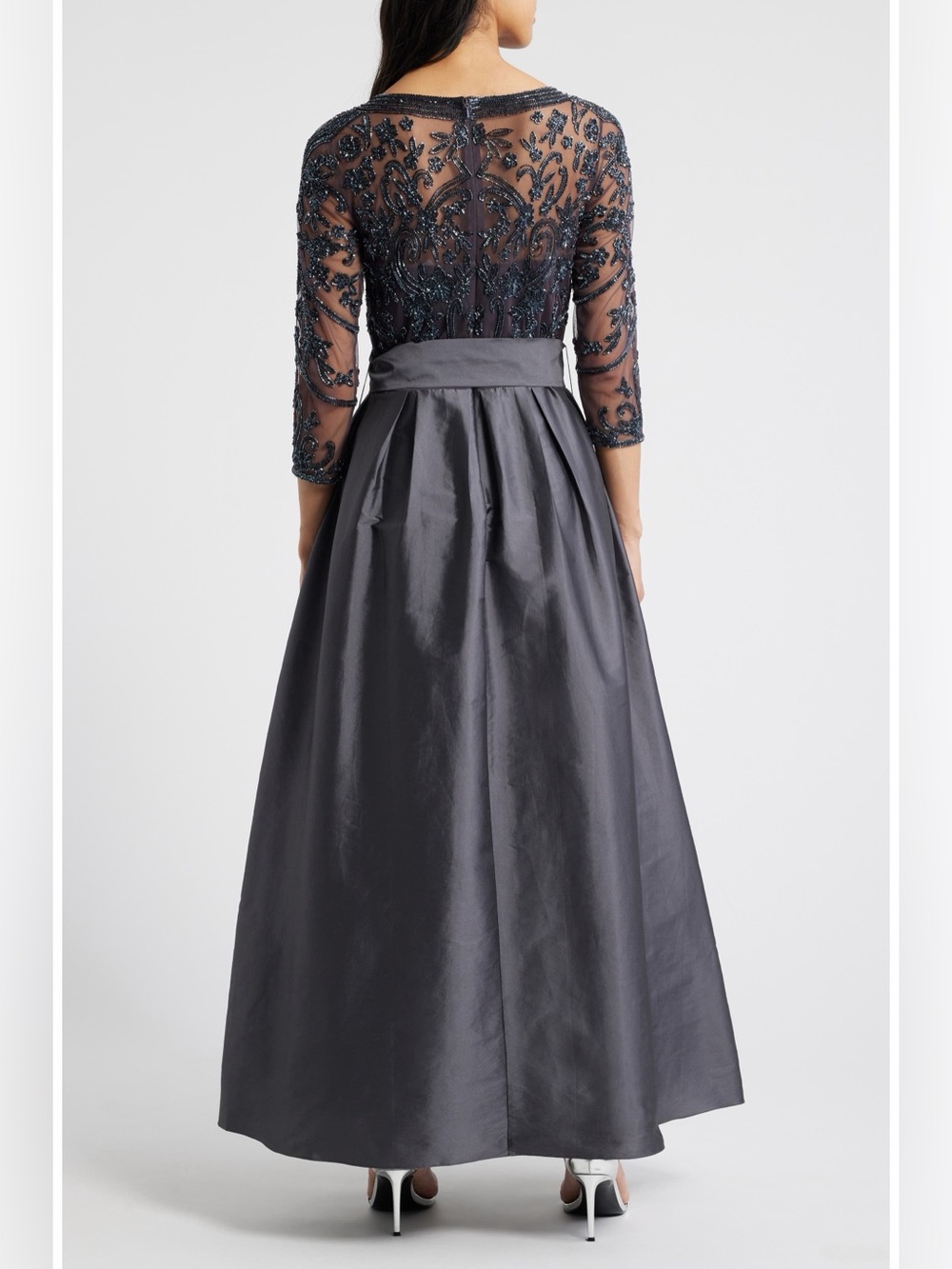 Pisarro Nights Beaded Illusion Neck Taffeta Gown Slate Size 16 NWT - Picture 2 of 8
